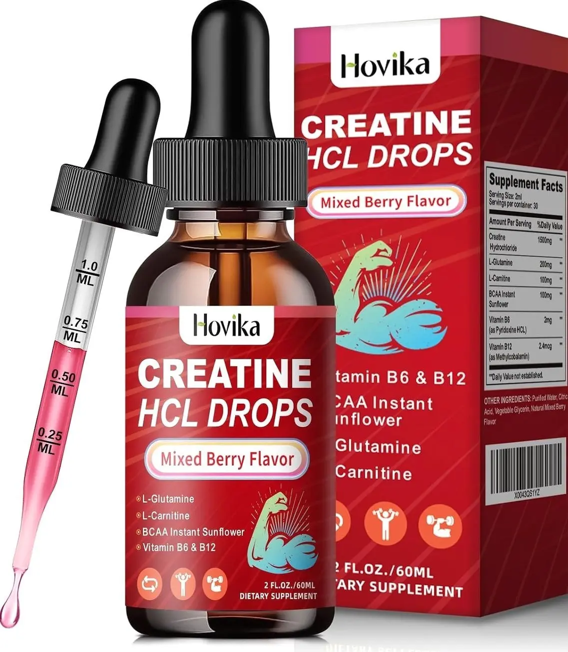 Creatine HCL Liquid Drops for Men & Women, Creatine Hydrochloride with L-Carnitine, L-Glutamine, BCAA, Vitamin B12 & B6 for Muscle Growth & Recovery-Vegan, Mixed Berry Flavor Flavor, 2 Fl Oz