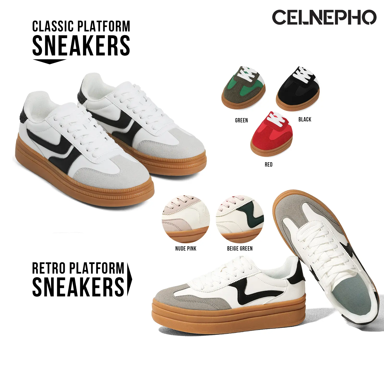 CELNEPHO Womens Sneakers Round Toe Platform Heel Rubber Gum Lace-Up Design Walking Tennis Shoes Easy Pull on Casual Daily Wear Gift Fashion Platform Sneaker Comfortable Walking Trendy Dress Shoes