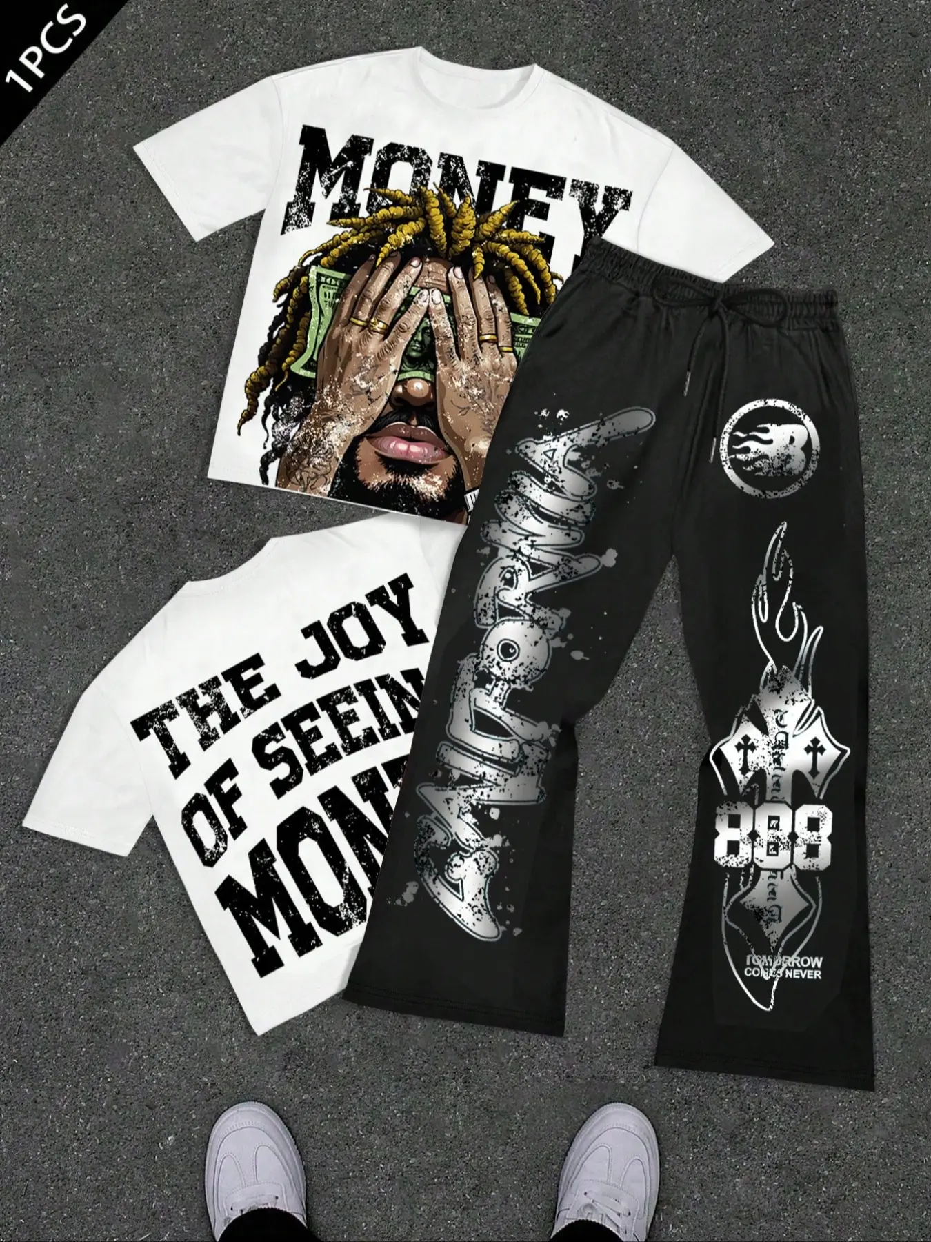 Men's Money & Joy Graphic Print Matching Two-Piece Set, Menswear, Oversized Street Style, Vintage Hip Hop Pattern, Casual Comfortable Top T-Shirt and Loose Pants, Clothes