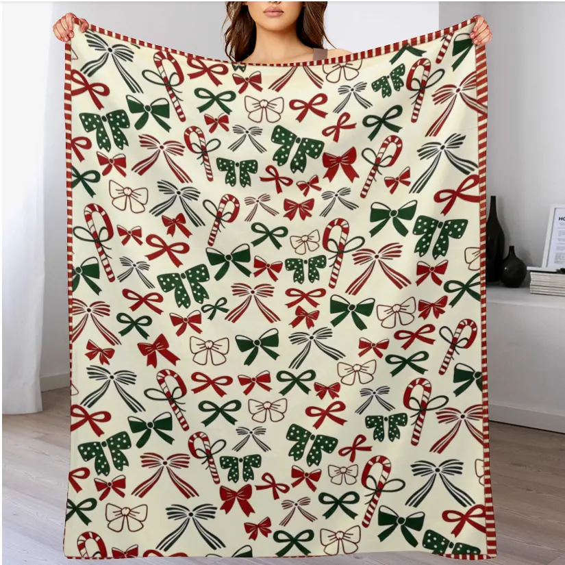Festive Christmas Bow Candy Cane Throw Blanket, Red White Striped Border Holiday Flannel Blanket, Soft Cozy Xmas Decor Blanket for Sofa Bed