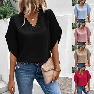 Solid Color Lace Trim V-Neck Blouse – Flowy Bell Sleeve Loose Fit Top for Women, Summer Women’s Top, Vacation Lace Trim Blouse, Womenswear