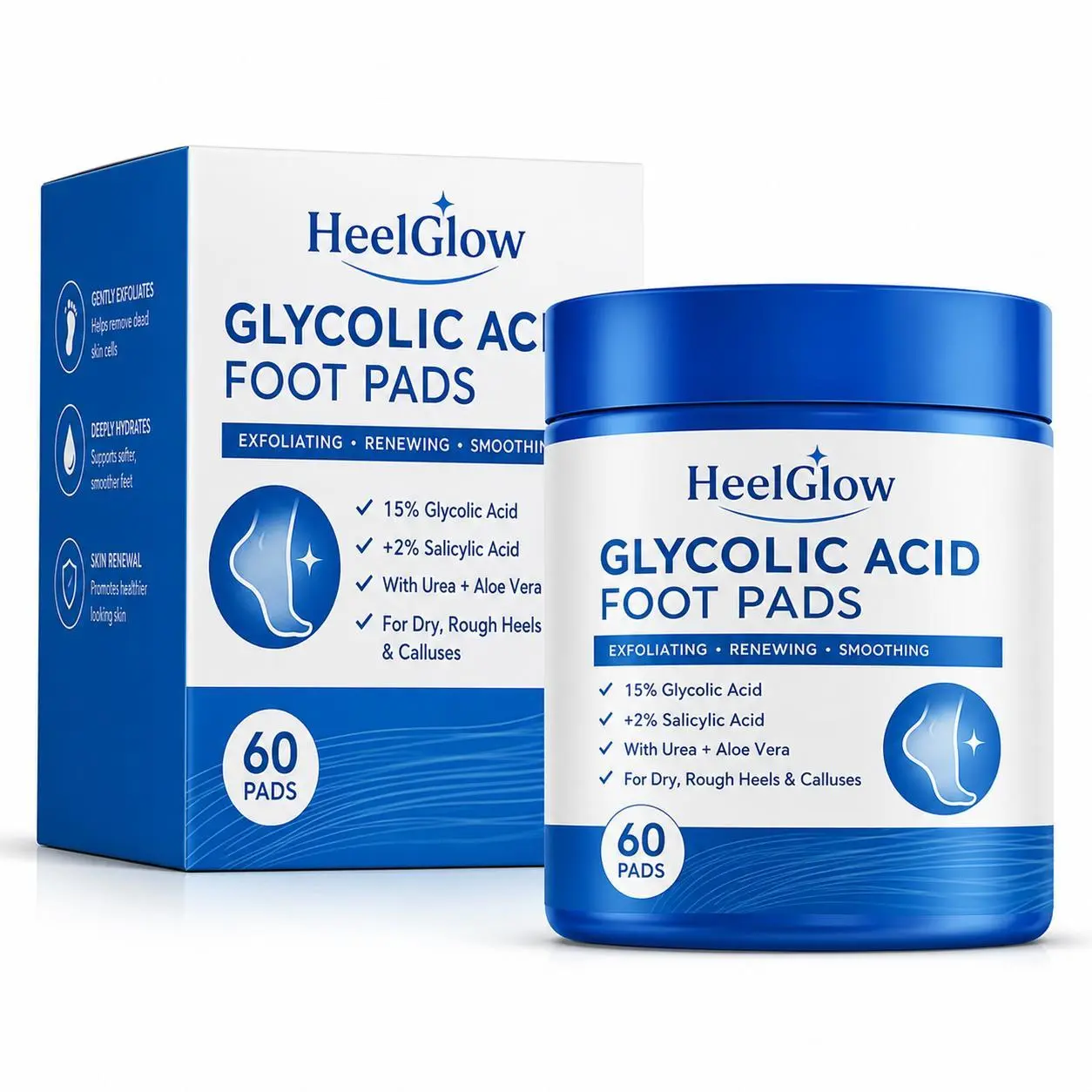 Exfoliating Foot Pads with Glycolic Acid, Salicylic Acid, Urea & Aloe Vera, Smoothing Foot Care Pads for Dry Heels, Calluses & Rough Skin, 60 Pads