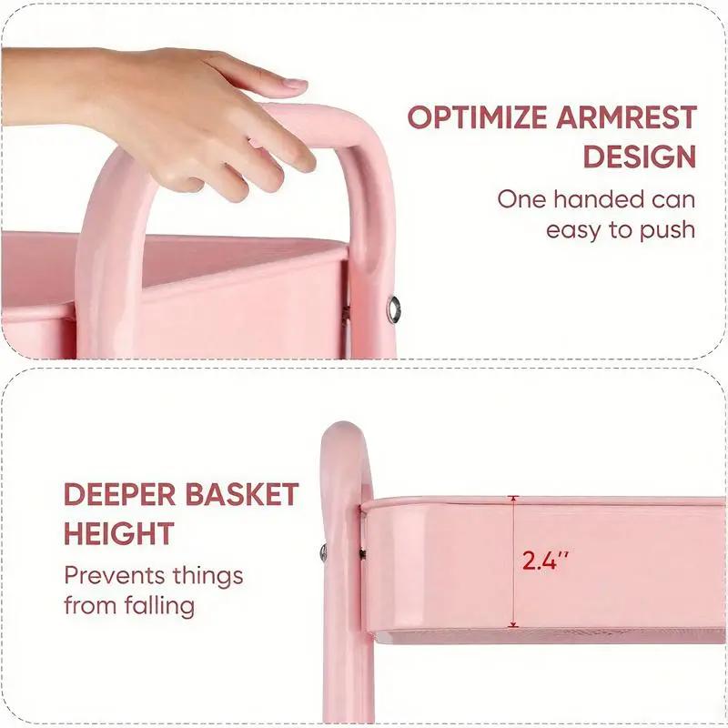 Pink Rolling Storage Trolley – 3-Tier Metal Organizer with Lockable Casters for Office, Kitchen, Bathroom & Dorm Use – Large Capacity for Supplies, Makeup, Crafts