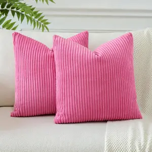 Pack of 2 Throw Pillow Covers 18 x 18 Inch Soft Corduroy Decorative Square Solid Striped Cushion Case Couch Farmhouse Home Boho Decor Throw Pillows for Sofa Bed Living Room (Hot Pink)