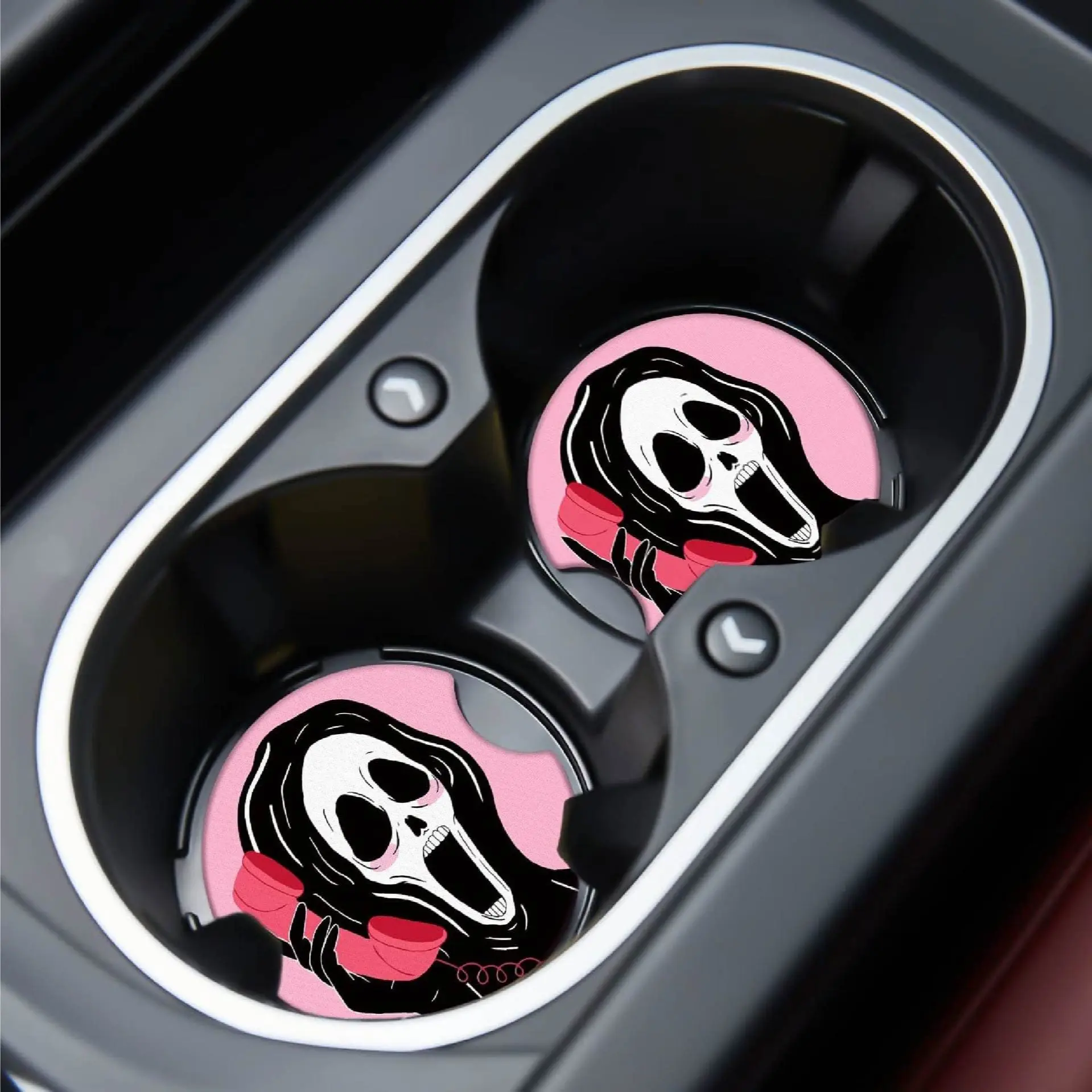 2pcs Car Cup Mats with Ghost Face Design, Durable Automotive Accessories, Car Interior Accessory, Vehicle Decoration, Perfect for Vehicle Interior Protection, Easy Installation, Gothic Car Accessories