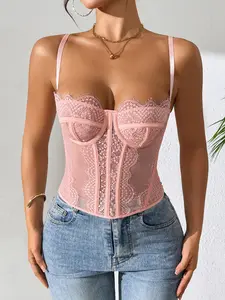 Pink Floral Lace Corset Tops Women Y2K Sweetheart Neck Tank Top Cami Spaghetti Strap Underwire Boned Waist Trainers Night Out Going Out Elevated Dressy Club Party Summer Spring Tops Cute Vintage Romantic