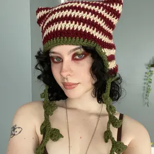 Vine Cat Hat Striped Beanie with Leaf String Pompoms for Unique Style