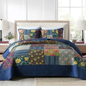 Cotton Bedspread Quilt Sets Reversible Bedding Coverlet Sets 3 Pieces Patchwork Blue Vintage Floral Paisley Bedspread, King Size