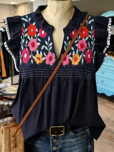 Plus Size Boho Embroidered Blouse, Navy Floral Sleeveless Waistcoat, Summer, Casual, Vacation, Date Night, V Neck, Bohemian Style, Womenswear