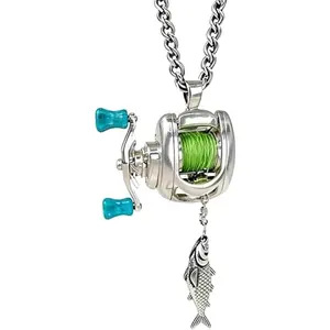 Fishing Reel Necklace with Rotating Handle, Stainless Steel Mini Spinning Reel Pendant with Fish Charm, Silver, Unique Gift for Fishing Enthusiasts