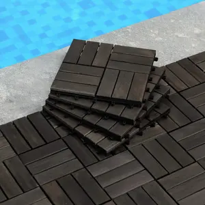 Acacia Wood Interlocking Deck Tiles Checker Pattern, 10/30 PCS 12" x 12" Square Dark Brown Acacia Hardwood Outdoor Flooring for Patio, Bancony, Pool Side co  extrusion  decking diy module quick installation patio floor
