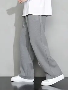 Men's Solid Waffle Knit Drawstring Waist Straight Leg Pants, Regular Fit Casual Comfy Pocket Trousers for Spring & Fall, Men's Bottoms for Daily Wear, Casual Minimalist Trousers