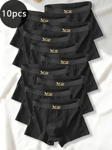 Men's Trendy Boxing Belt Print Briefs (10 Pack), Casual Slim-Fitting Underwear, Comfortable Breathable Sports Training Pants, Plain