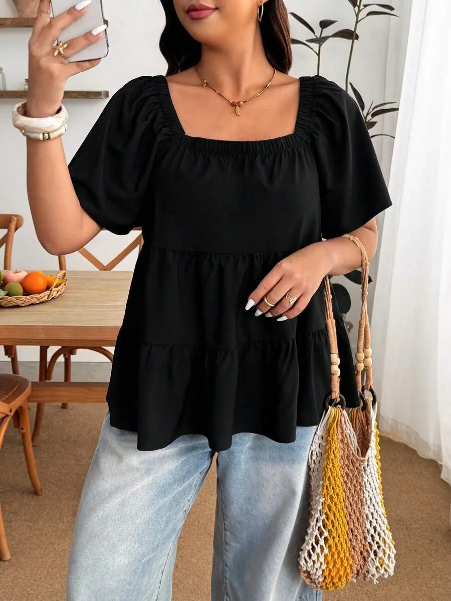 Plus Size Square Neck Loose Fit Tiered Ruffle Short Sleeve Top Brunch Bussines Wedding Guest Beige Summer Casual Whimsical