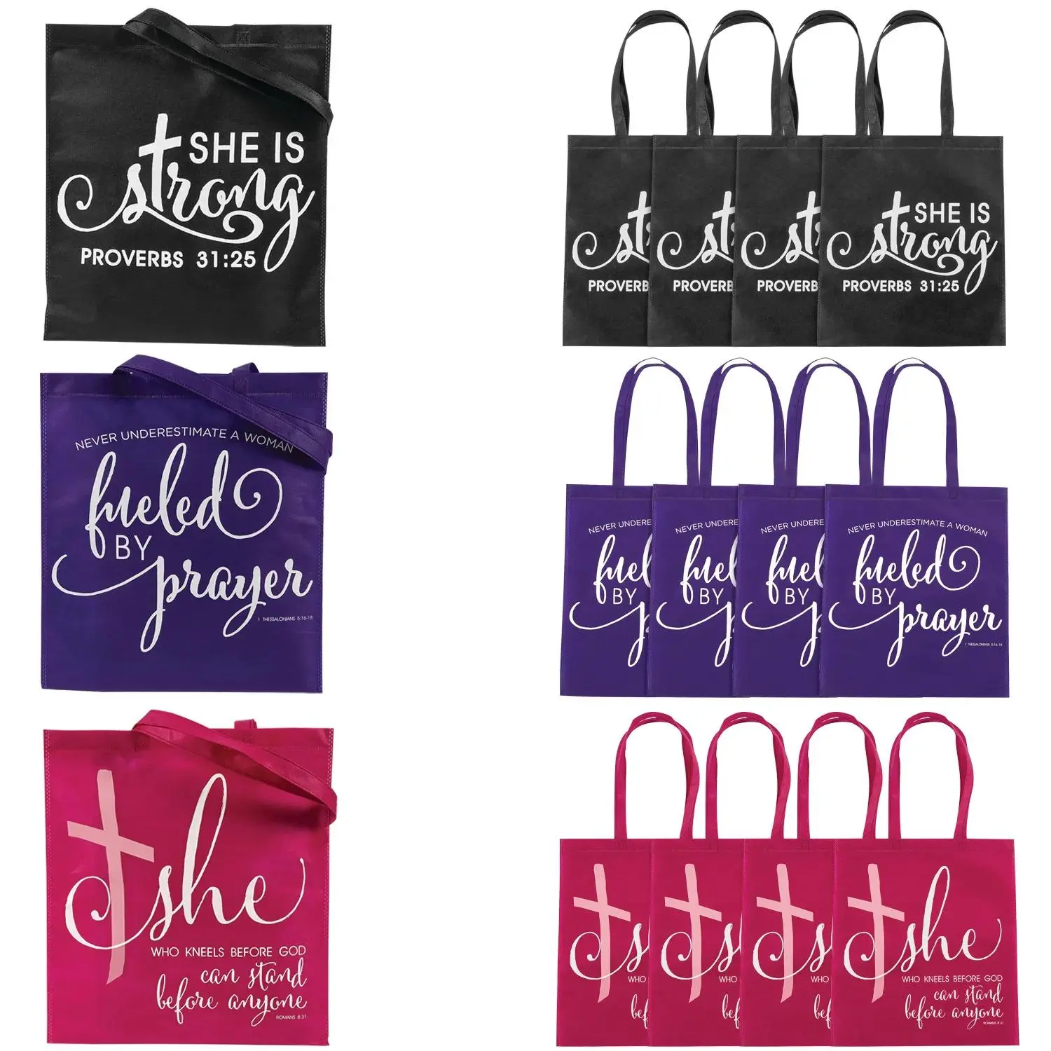 Men's Synthetic Nonwoven Tote Bags - 15"x17" Large, Religious Woman of God Design, Double Handle, Shoulder Straps, Scripture Texts, Lightweight Fold, 12 Pc.