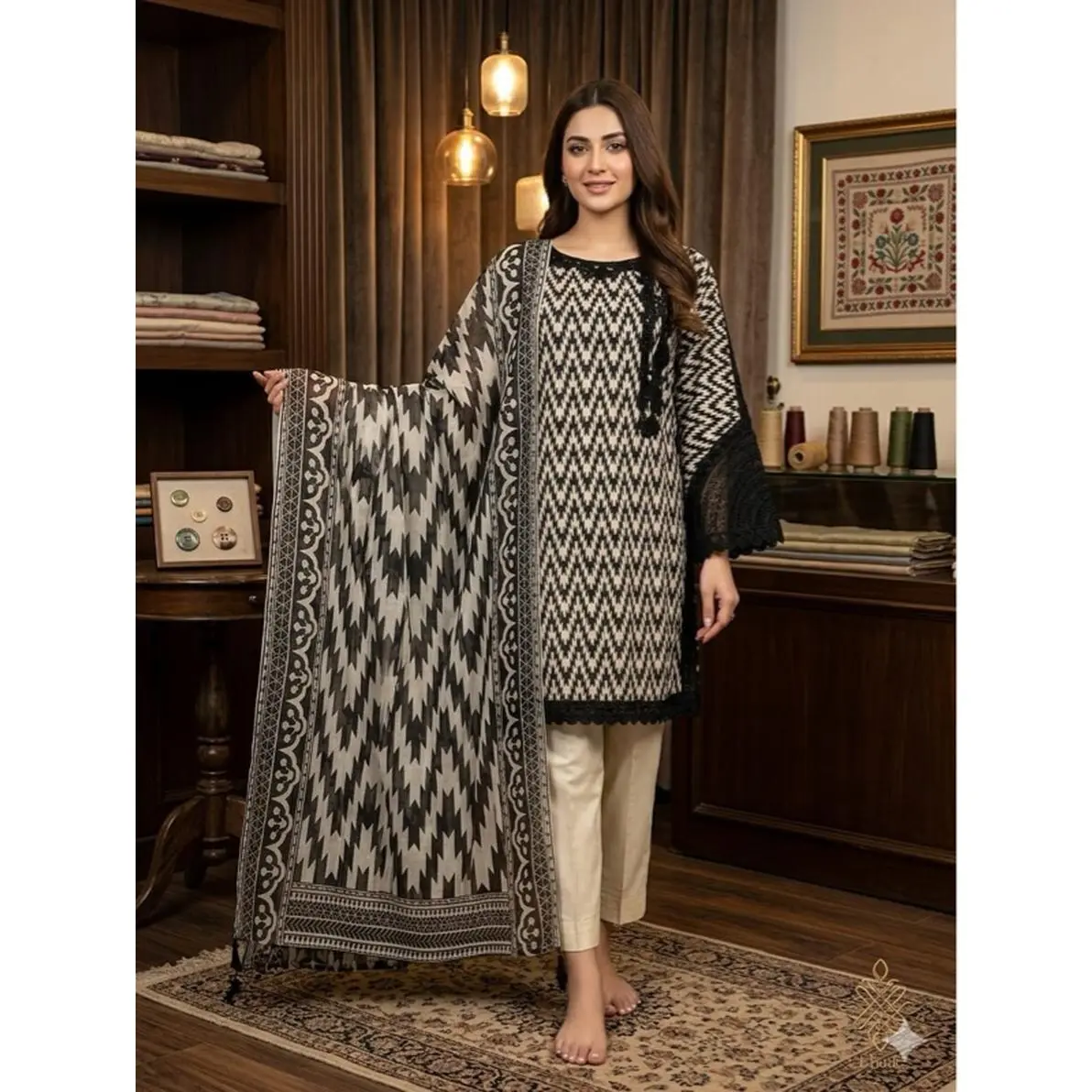 Pakistani 3-Piece Lawn Suit Black & White Geometric Print Elegant Straight-Cut Shirt with Lace Detailing Soft Breathable Fabric for Casual Office Wear