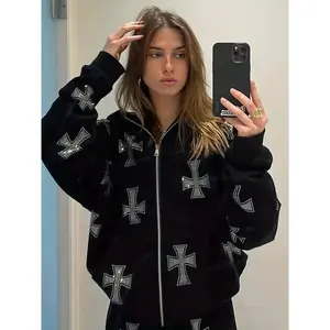 Women's Easter Geometric Cross Print Zip Up Hoodie, Graphic Hoodie, Gothic Printed Hoodie, Casual Fabric Longsleeves Zipper Hooded Top for Fall & Winter, Lady Back To School Clothes for Daily Wear, Comfort Fitted Womenswear, Sweatshirts