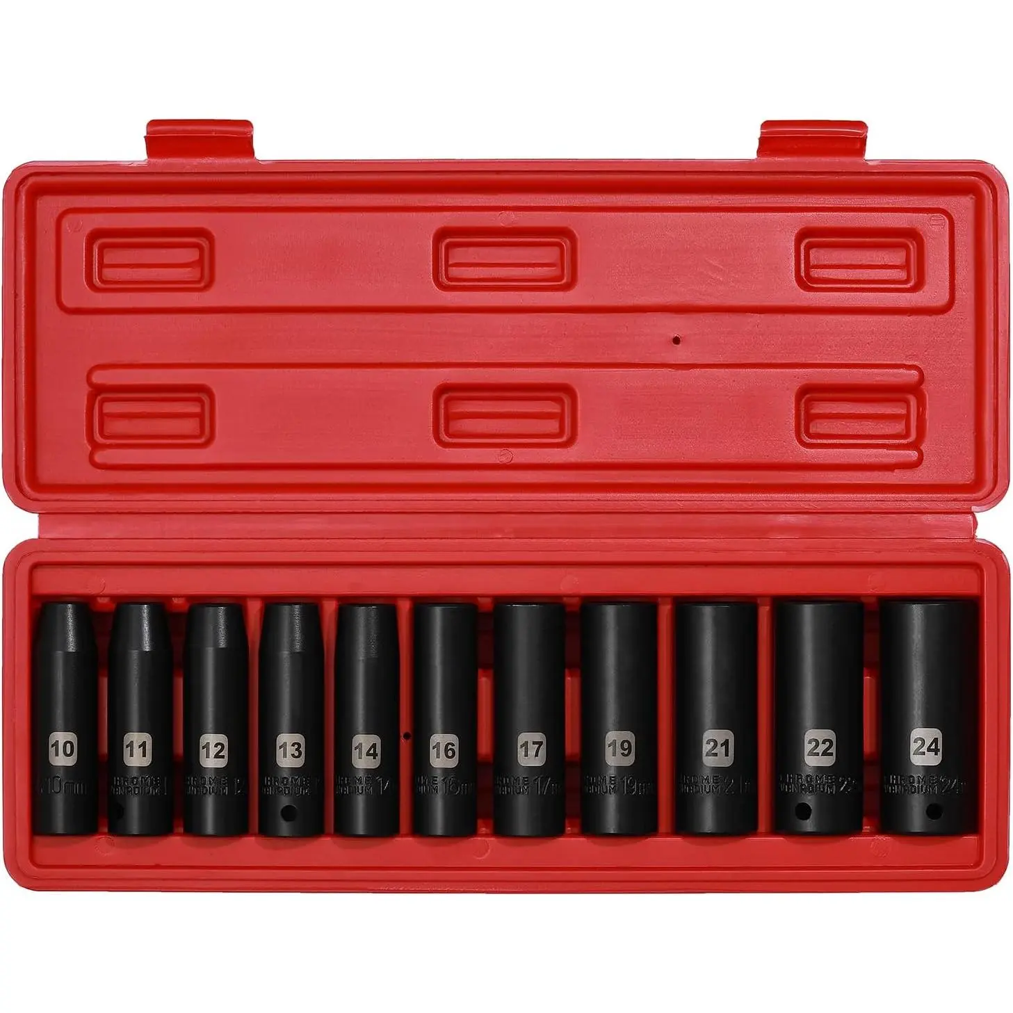 11 count 1/2 Inch Drive Deep Impact Socket Set, Metric, 6-Point, CR-V, 11 count 1/2" Dr. Deep Socket Set, 10mm - 24mm