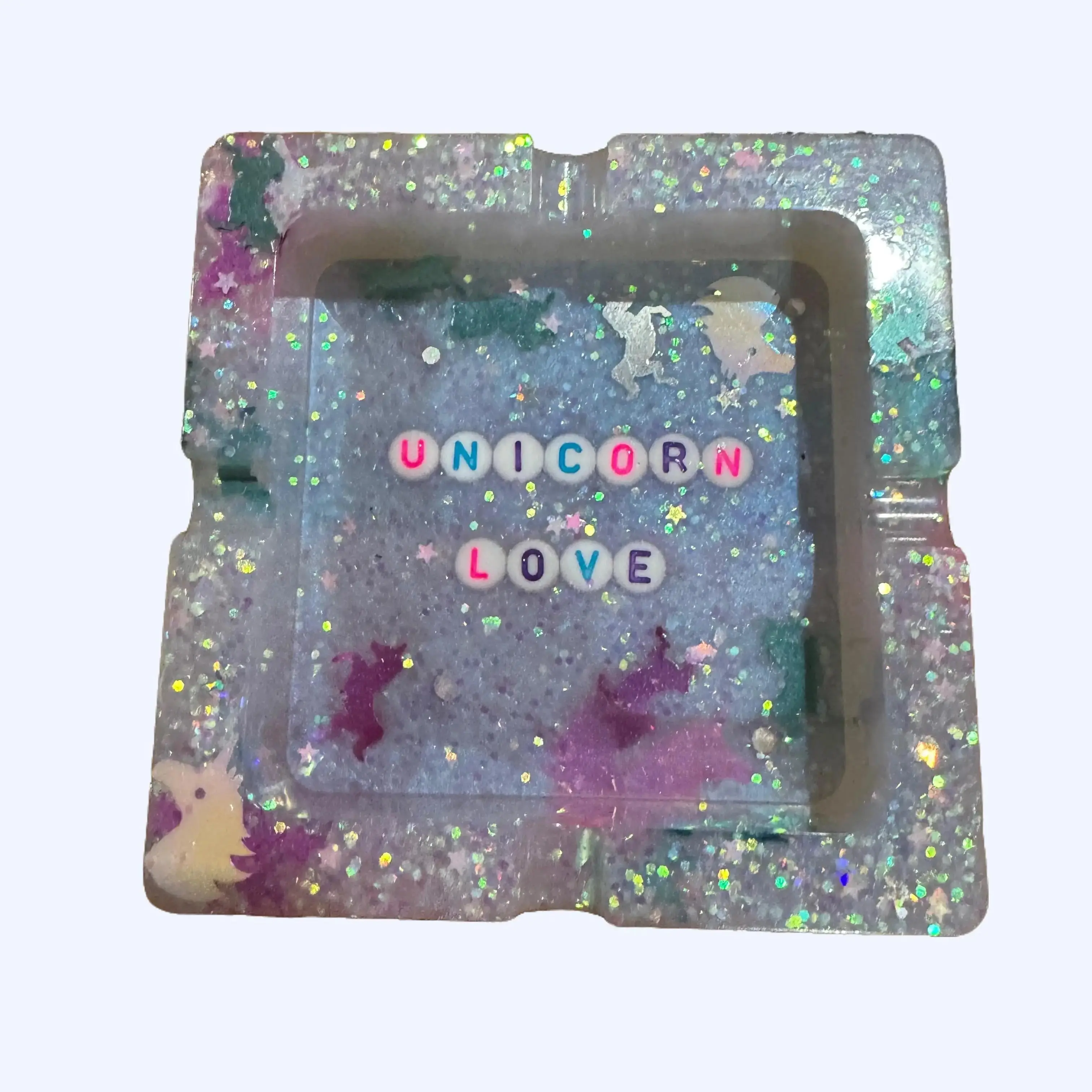Handmade Square Epoxy Resin Ashtray - Opal with Holographic Glitter & Unicorns Design, 3.5" x 3.5", 4.20 oz, Durable for Versatile Use Lighter