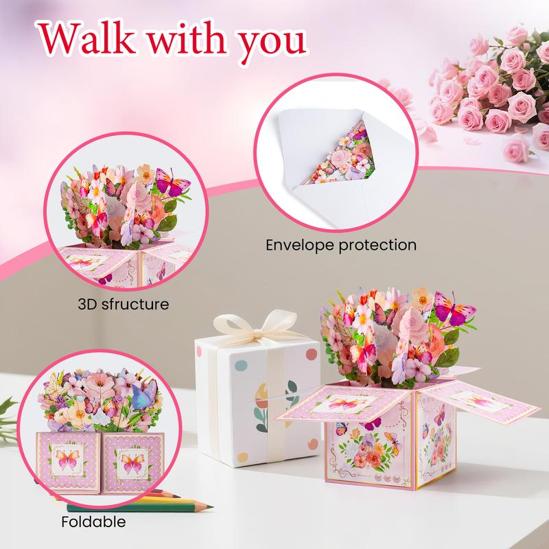 【Valentine's Gift】Musical Flower Card  /3D Pop-Up Butterfly Flower Bouquet Greeting Card for Women - Singing Birthday/anniversaryPop Up Card with Dancing Lights Music 3D Happy Birthday Gifts for Women, Wife, Mom, Grandmother Pastel Color