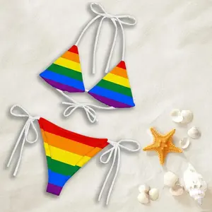 Women Bikini Set Rainbow Pride Flag Stripe Swimsuit Summer Beach LGBT Pride Festival Vacation Tie Side Triangle Top Bathing Suit Pool Sunbathing Colorful Gay Swimwear
