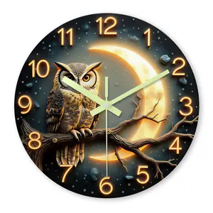 Unique Owl Glow-In-The-Dark Wall Clock, Round Moonlight Night Design, Glowing Digital Clock, Quartz Movement, Battery Powered, Home Decor