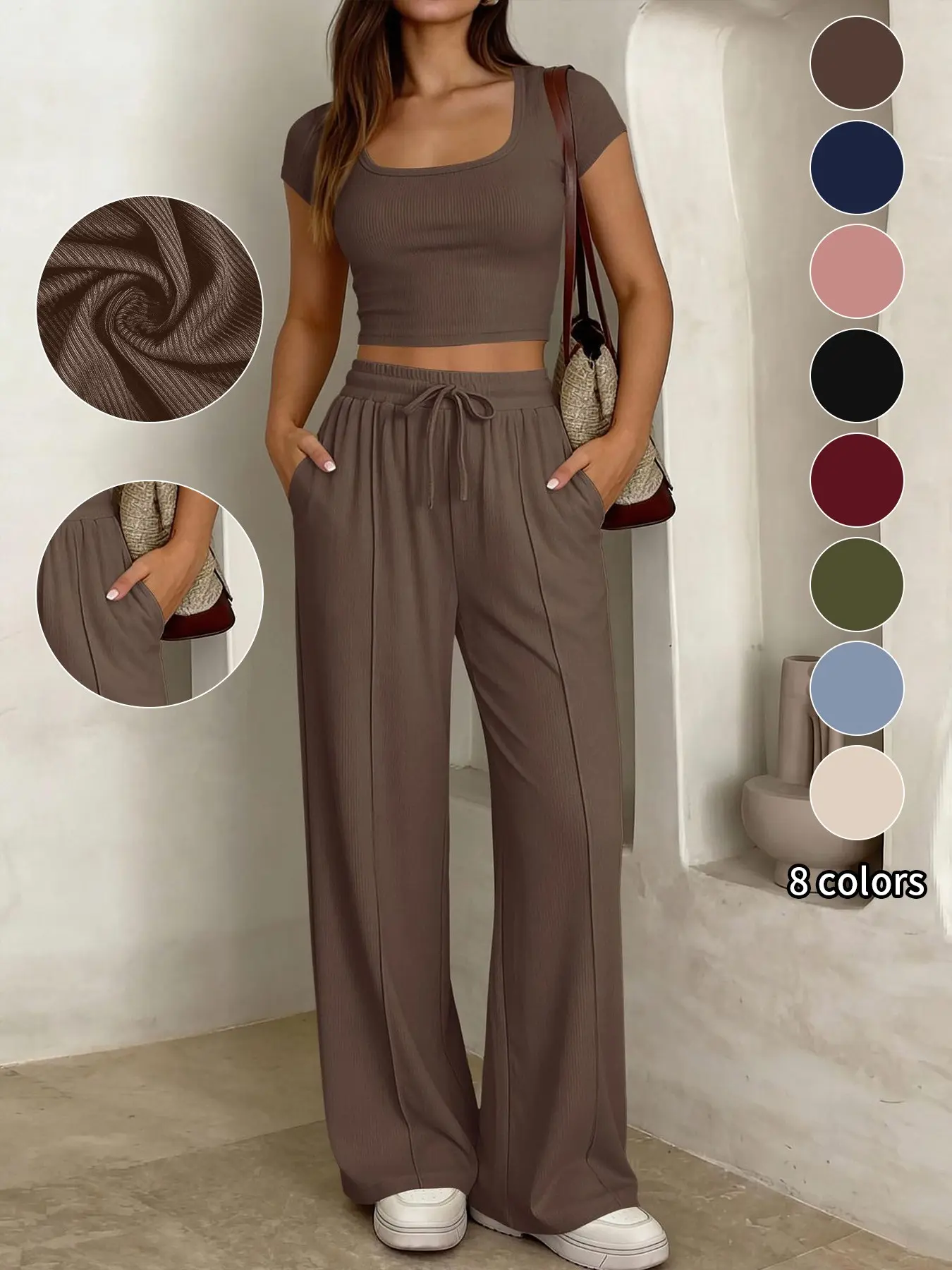 Women's New Summer/Autumn Everyday Casual Slimming Y2K Two-Piece Set with Adjustable Drawstring, Short Sleeve Top and Pants for Commute