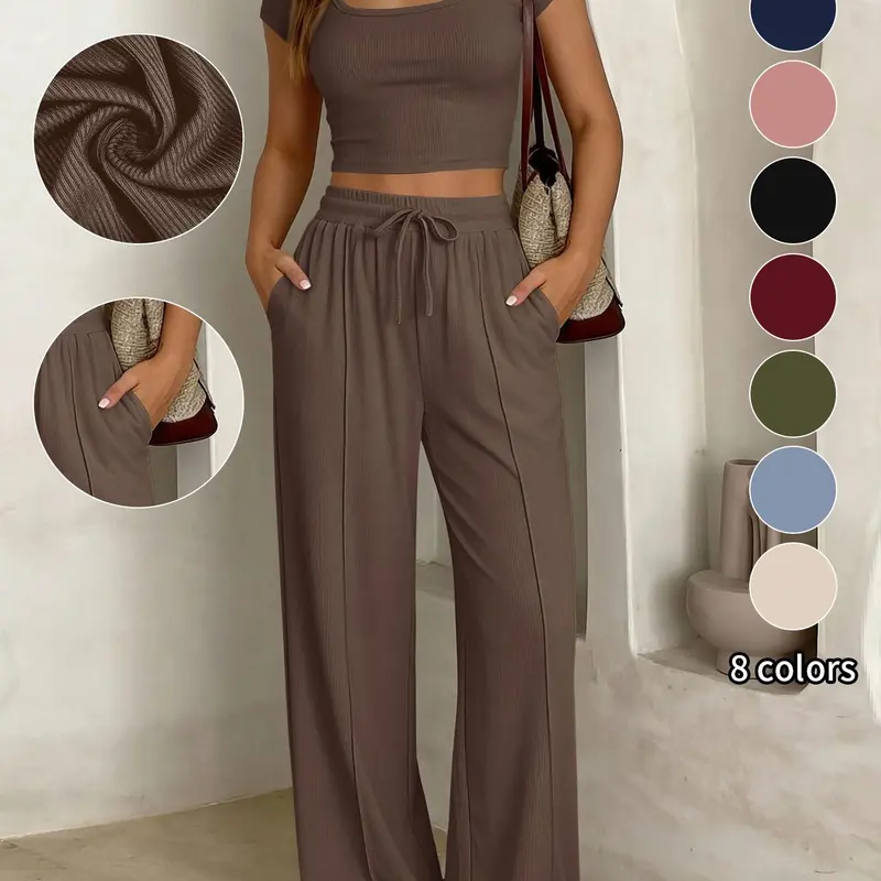 Women's New Summer/Autumn Casual Slimming Y2K Two-Piece Set with Adjustable Drawstring, Short Sleeve Top and Pants for Commute Two Pieces Outfits