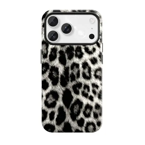 Leopard Cheetah Print Plastic Protective Smartphone Case for iPhone 18 ProMax,17 ProMax/17 Air/16 Pro/15/14/13/12 - Shockproof Anti-Drop Casing, White Grey Vintage Stylish Chic Phone Accessory for Women, Devices Accessories
