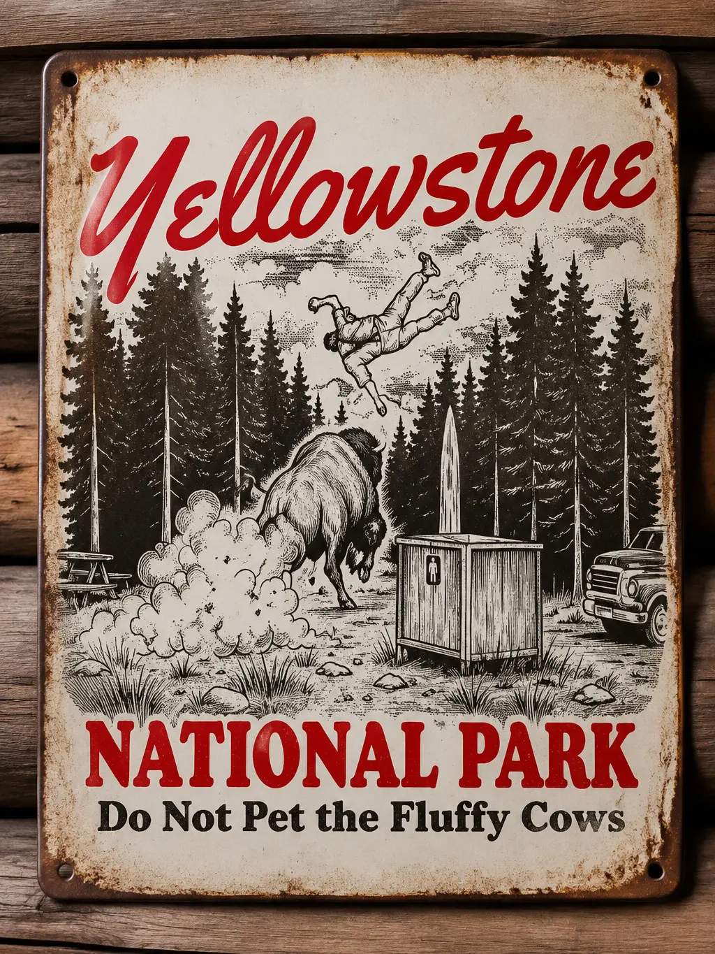 Vintage Yellowstone National Park Metal Tin Sign - 8x12 in "Do Not Pet The Fluffy Cows" Funny Buffalo Print, Retro Rustic Wall Decor for Bar, Cabin Gift, Home Supplies Plaque
