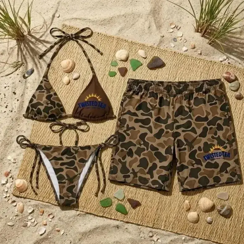 Twisted Tea Camo Couple Matching Swimsuit Set, Bikini and Swim Trunks, Camouflage Beachwear, Vacation Outfit for Couples