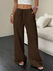 Women's Summer Thin Belted Adjustable Casual Style Long Womenswear Pants, Mid-Waist Loose Wide Leg Drawstring Pant, Versatile Slimming Daily Wear, Casual Street Trousers