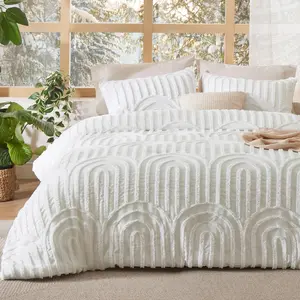 Boho Tufted Twin Comforter - White Boho Twin Size, 2 Farmhouse Embroidery, Fluffy Arch Pattern Comforter for Seasons
