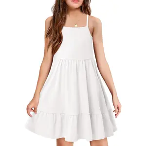 Girls Dress Casual Round Neck A Line Ruffle Sleeve Knee Length Dresses 4-13 Years