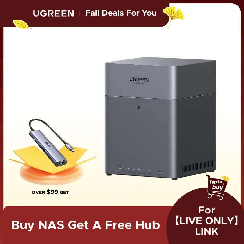 【LIVE ONLY】UGREEN NASync DH4300 Plus 4-Bay Desktop NAS, 120TB cap., 8GB LPDDR4X RAM, 2.5GbE, 4K HDMI, Remote Access, AI Photo Album, Beginner-Friendly System, Diskless Network Attached Storage (Drives Not Included)