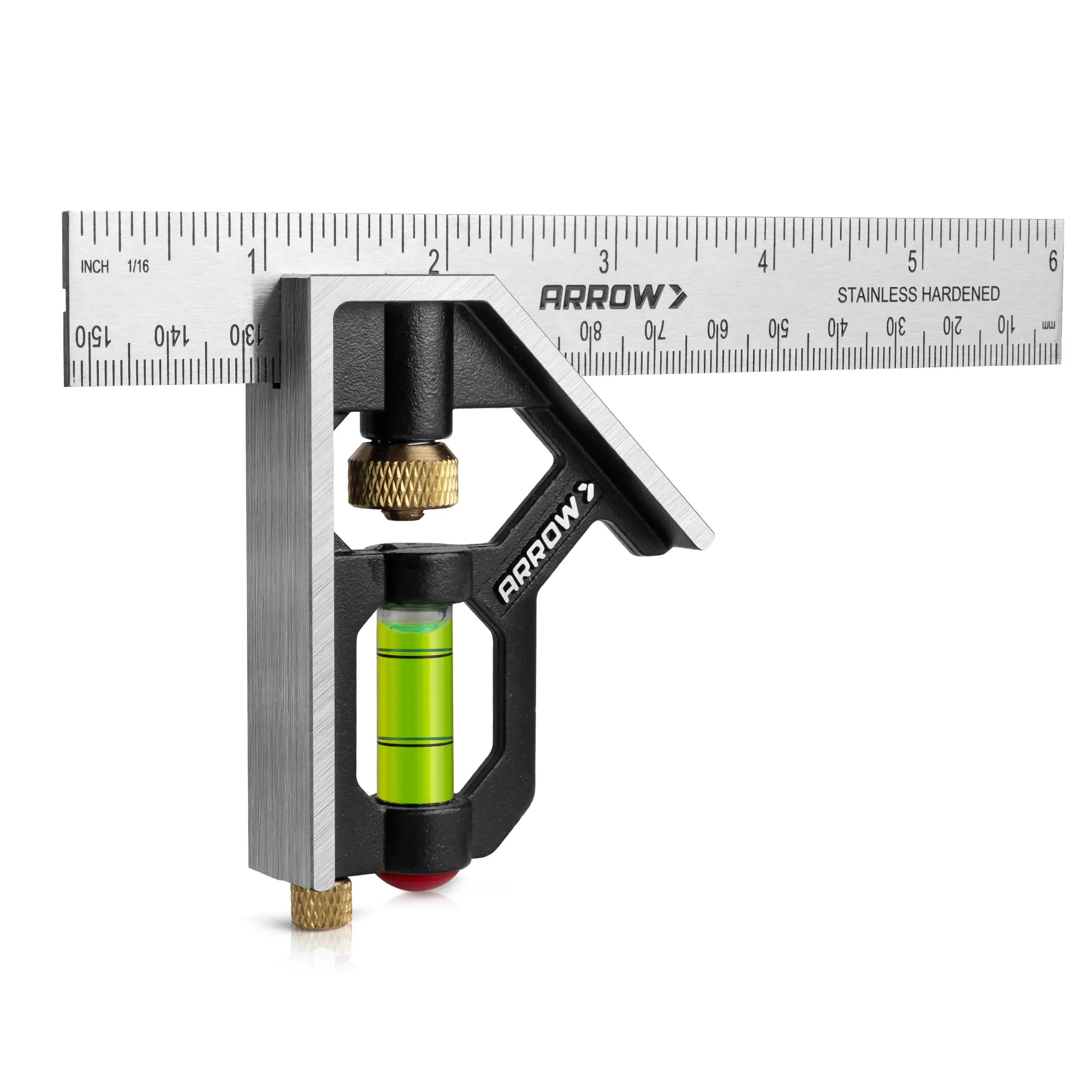 Arrow Combination Square, Combo Square with Stainless Steel Ruler, Zinc Alloy Body and Bubble Level for Carpenters and Craftsmen
