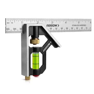 Arrow Combination Square, Combo Square with Stainless Steel Ruler, Zinc Alloy Body and Bubble Level for Carpenters and Craftsmen