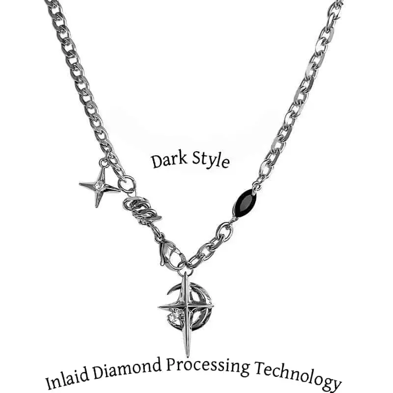 Black Zircon Star Moon Pendant Necklace, Hip Hop Street Style Clavicle Chain, Minimalist Fashion Stainless Steel Inlaid Diamond Jewelry, Unisex Niche High Grade Daily Wear Accessory For Party Dating Casual Outfit