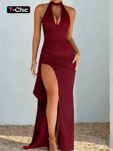 Deep V High Slit Bodycon Backless Dress, Elegant Formal Wear Party Dresses for Women, Perfect for Evening Events & Special Occasions, Elegance