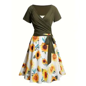 Women's 2-Pack Sunflower Print Set with V-Neck Ruched Bust Top, Belted Waist A-Line Skirt, Short Sleeve Cross Back Design, Elegant Floral Knit Polyester Dress Clothes Suits Womenswear Comfort