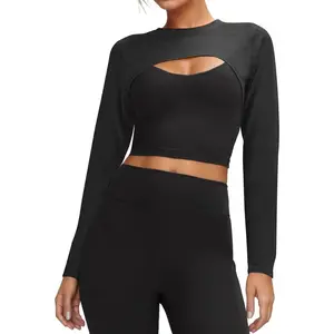 Yousify Womens Long Sleeve Crop Tops Bolero Open Front Workout Gym Yoga Cropped Shirt Sports Shrug