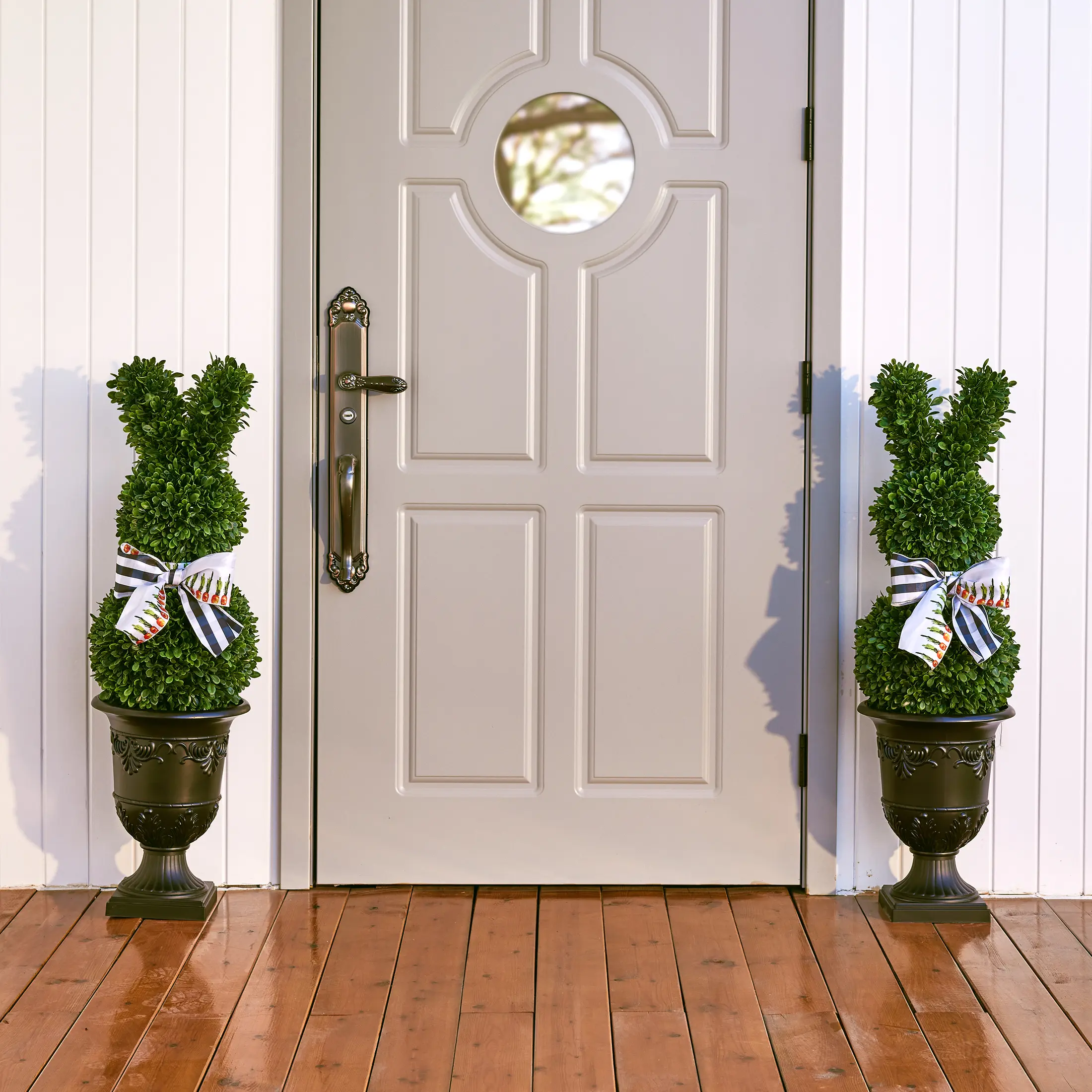 VeriNatural 36-inch Easter Bunny Artificial Topiary in Decorative Vase with Bow, UV-Resistant Faux Boxwood Indoor Outdoor Spring Decor