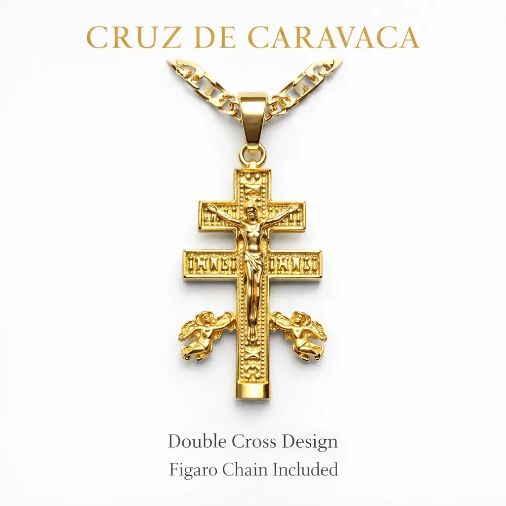 14K Gold Plated Religious 1.6" Cross of Caravaca Double Cross Angels Pendant Necklace for Men - Figaro Chain - Elegant and Masculine Design
