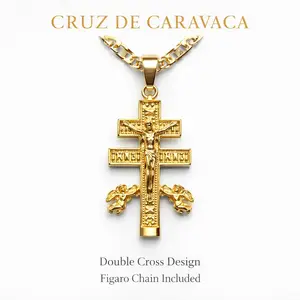 14K Gold Plated Religious 1.6" Cross of Caravaca Double Cross Angels Pendant Necklace for Men - Figaro Chain - Elegant and Masculine Design