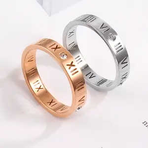 18k Rose Gold Titanium Steel Roman Numeral Ring with Diamond Inlay Hollow Letter Design for Men and Women Elegant Couple's Symbol of Partnership