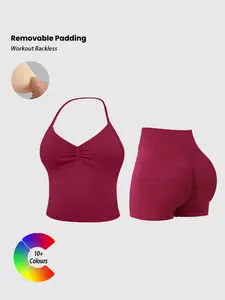 Women's Sporty Two-Piece Set, Activewear Fitness, Halter Sports Bra Top and Butt-Lifting Shorts with Removable Pads, Comfortable Workout Wear