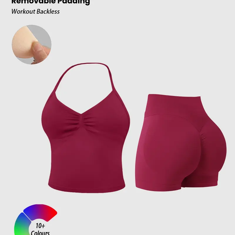 Women's Sporty Two-Piece Set, Activewear Fitness Outfit, Fitted Activewear, Halter Sports Bra Top and Butt-Lifting Shorts with Removable Pads, Comfortable Workout Wear, Activewear Look
