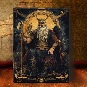 A Nordic Mythology Odin Painting - Detailed Depiction of Golden Armor and Helmet, Ragnarok Theme Background, Ready to Hang, Bedroom and Living Room Decoration, Bedroom Wall Decoration| Mythical Wall Painting| Detailed Print Quality, Viking Mural