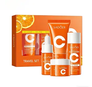 vitamin C skincare travel set for business trips and travel, easy to carry, rich in vitamin C skincare essence, facial cleanser, essential oil, toner, and face cream, perfect as a gift for mom and best friends. Skin Care Sets