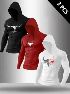 Men's Classic 3-Piece Set Letter Cow Print Hooded Long Sleeve T-Shirt, Casual Fitted Top for Fall & Winter Fitness Wear